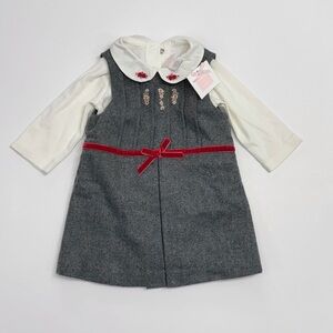 Janie and Jack Gray Pinafore Dress with embroidered Top and Red bloomers 3-6m